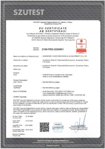 SZUTEST PED Module D certificate PED.422