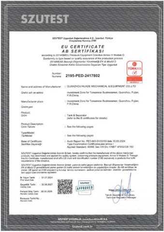 SZUTEST PED Module D certificate PED.663