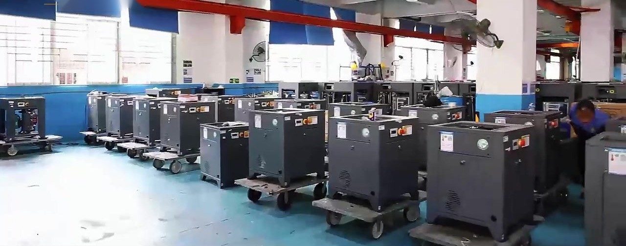 Compressor units on assembly carts in the workshop